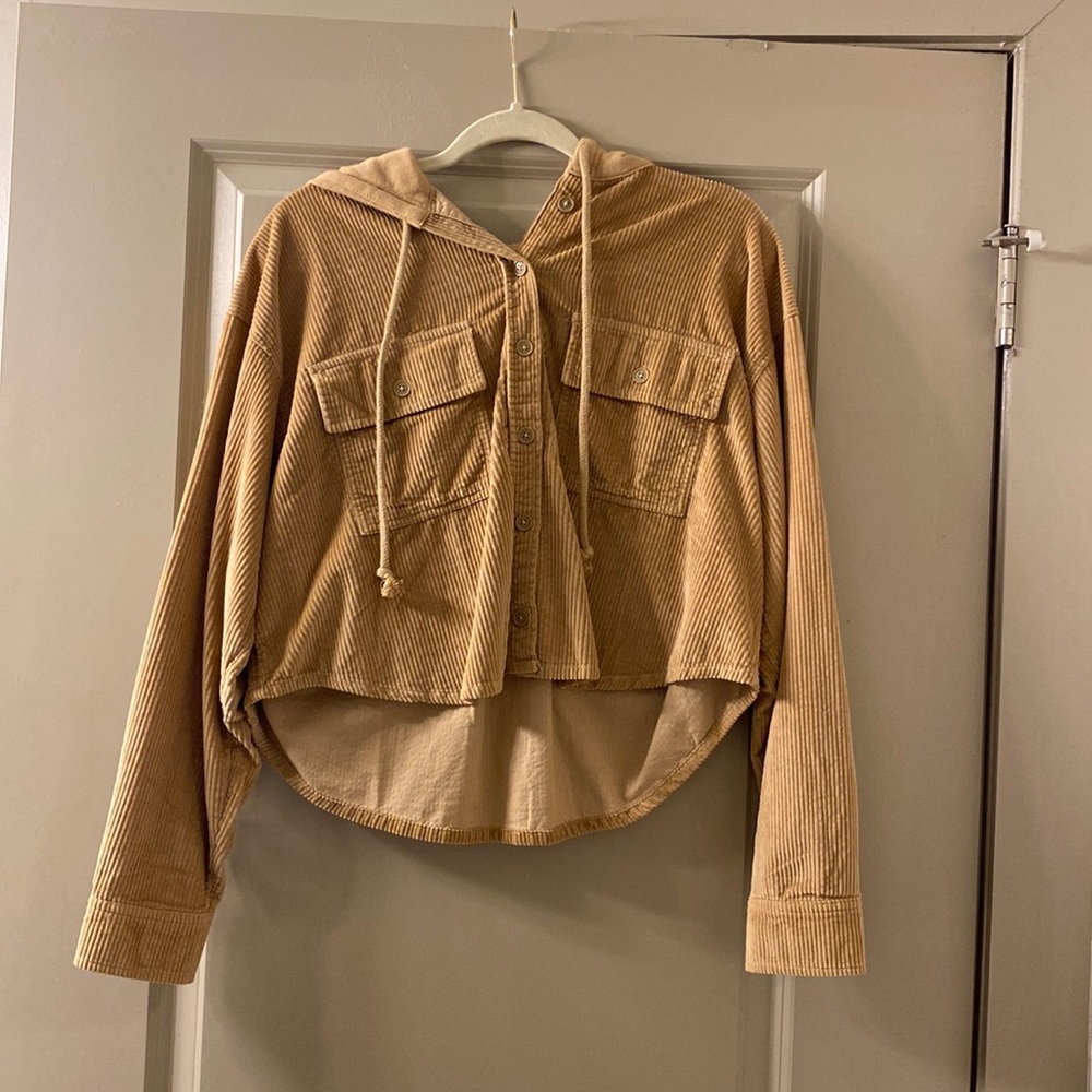 Yellow American Eagle top with hood, size medium